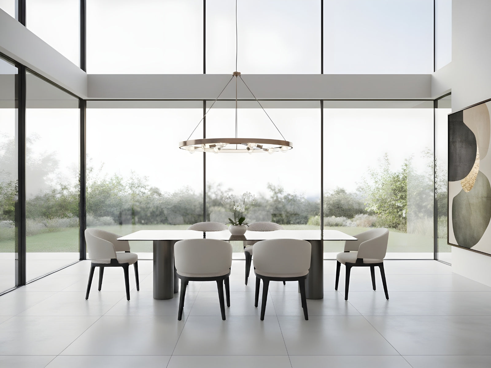 Luca dining table with smoked bronzed base and brown water wave